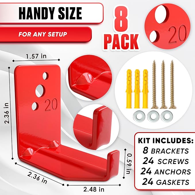 Fire Extinguisher Mount Brackets Set of 8, Heavy Duty Wall Mount Hook 2.36 x 1.57 x 2.36 in, Screws Anchors and Gaskets, Quick Install Holder, Supports up to 20 lb for Garage Workshop Home Cabinet Use