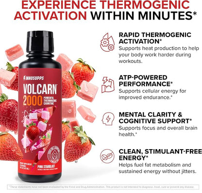 Volcarn 2000 L-Carnitine Liquid Energy, Pink Starblast, 32 Servings | Energy booster and ATP supplement with GBEEC; Enhances focus; Caffeine-free, no artificial sweeteners