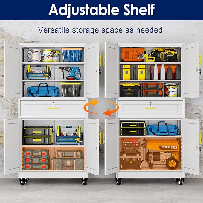 erosoei 75" H Metal Garage Storage Cabinet, Rolling Tool Cabinet with 2 Doors and Wheels, Locker Steel Cabinet with 4 Adjustable Shelves and Drawer, Organization Cabinet for Garage,Office,Home,Gym.