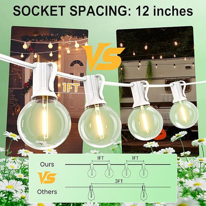 Outdoor-String-Lights-Patio-LED-Light-Outside 30FT Waterproof Dimmable Remote Outdoor Lighting G40 Globe Plastic LED Bulbs Hanging Lights Connectable for Backyard Porch Party 1FT Bulbs Spacing