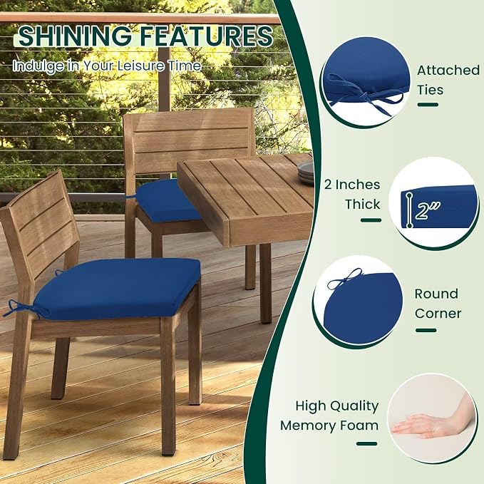 HARBOREST Outdoor Chair Cushions Set of 2, Water Resistant Patio Chair Cushions with Ties, Outdoor Seat Cushions for Patio Furniture, 17"x16"x2", Royal Blue