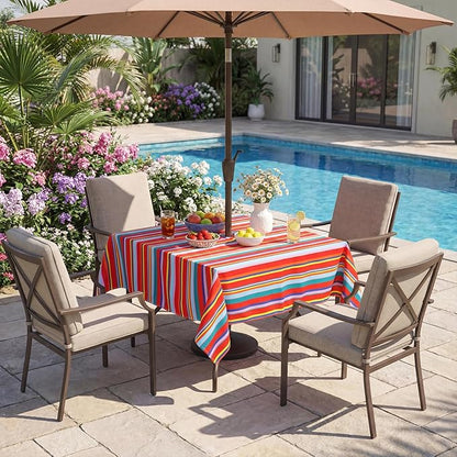 Poise3EHome Square Outdoor Tablecloth with Umbrella Hole and Zipper,Stripe 60x60 Inch,Polyester SpillProof Washable Table Cloth for Spring Summer Patio Garden Poolside Picnic Camping BBQS