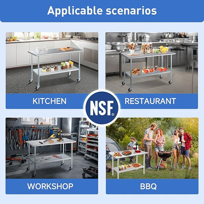 ROCKPOINT Stainless Steel Table for Prep & Work with Caster Wheels 14x30 Inches, NSF Metal Commercial Kitchen Heavy Duty Table with Adjustable Under Shelf and Table Foot for Restaurant, Home and Hotel