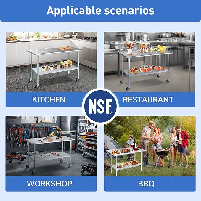Stainless Steel Table for Prep & Work with Caster & Backsplash 30x72 Inches, NSF Metal Commercial Kitchen Heavy Duty Table with Adjustable Under Shelf and Table Foot for Restaurant, Home and Hotel