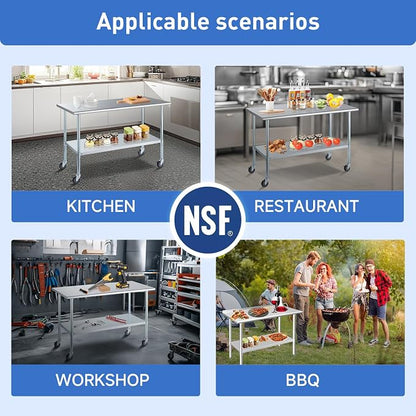 ROCKPOINT Stainless Steel Table for Prep & Work with Backsplash 24x60 Inches, NSF Metal Commercial Kitchen Heavy Duty Table with Adjustable Under Shelf and Table Foot for Restaurant, Home and Hotel