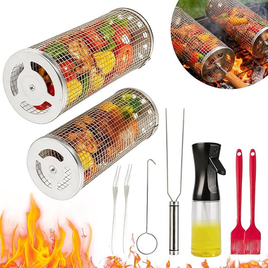 Rolling Grilling Basket for Outdoor Grilling,9-Piece Stainless Steel BBQ Accessories Set,Perfect Gifts for Men Dad Husband,Portable Camping Nesting Grill Baskets for Fish, Shrimp, Meat, Vegetables