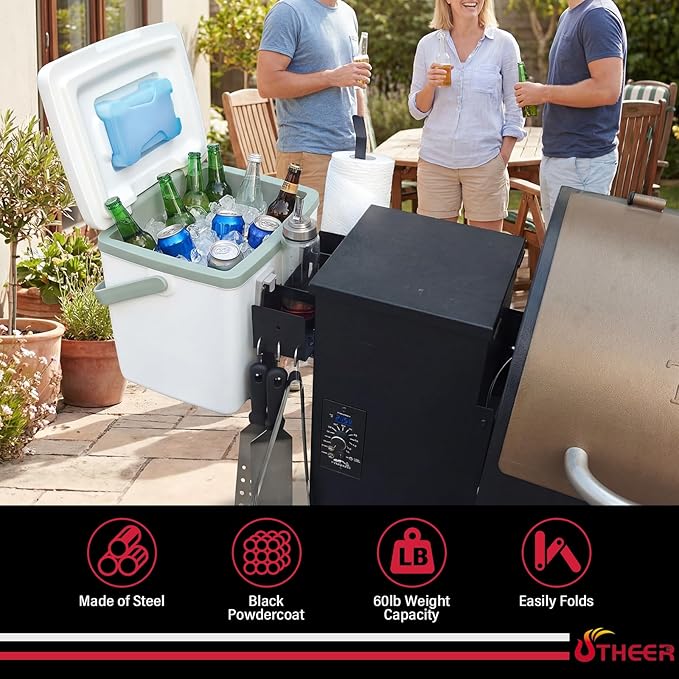 Utheer Pellet Grill Side Prep & Drink Station with Hanging Cooler, Universal Clamp-On Side Shelf, Fits Traeger Pro 22/34, Pro 575/780, Weber Searwood 600/XL 600, Pit Boss Austin XL,Camp Chef Pro 24/36
