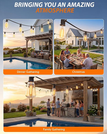 Outdoor String Lights 52FT, 32+2 Shatterproof Bulbs ST38, 1.5FT Spacing, IP65 Waterproof | Dimmable with Remote, Heavy-Duty, Include Screw & Zip Ties for Patio Backyard Holiday Outside