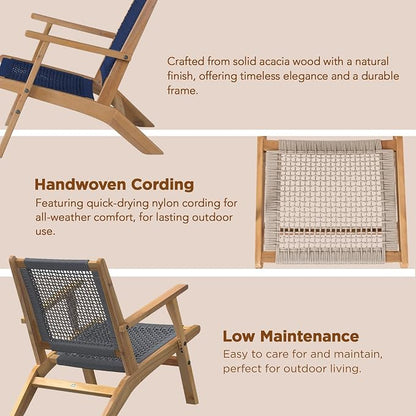 Vega Acacia Wood Outdoor Reclining Chair, Navy Blue Web Seat | 63634 Mid Century Woven Web Seat, Weather Resistant Natural Stain Finish, Lounge Armchair for Patio, Deck, Garden, Lawn