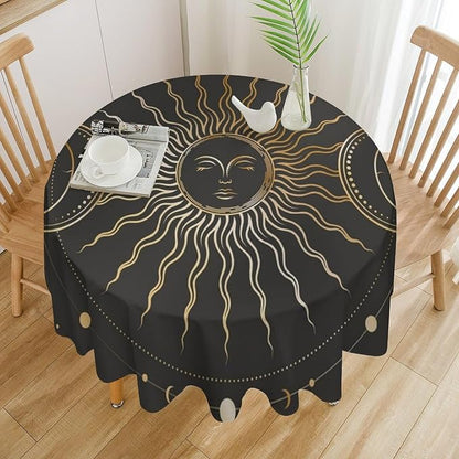 Vintage Sun Round Tablecloth Boho Celestial Star Magical Galaxy Space Moon Phases Table Cloth Water Resistant Wipeable Table Cover for Farmhouse Picnic Party Holiday Kitchen Dinner Table 70"