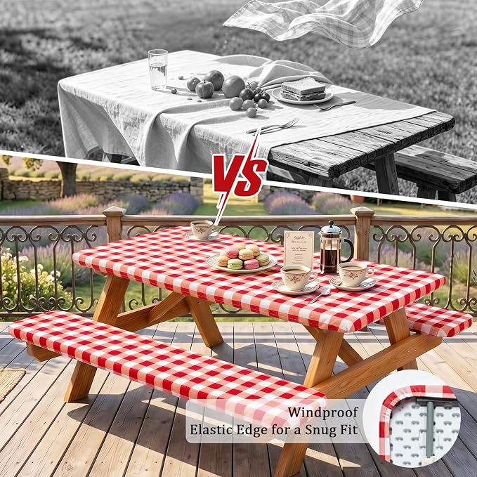 Poise3EHome Picnic Table Cover with Bench Covers, 6 Foot Fitted Elastic Tablecloth Set, Heavy Duty Polyester with TPU Waterproof Backing, Washable Outdoor Picnic Set for Camping, RV & Park(Red&White)