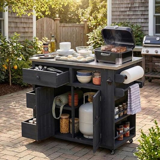 Outdoor Kitchen Island with Stainless Steel Top, Extendable Solid Wood Grill Cart on Wheels, Mobile BBQ Prep Table with Storage Cabinet and Spice Rack for Patio Backyard,