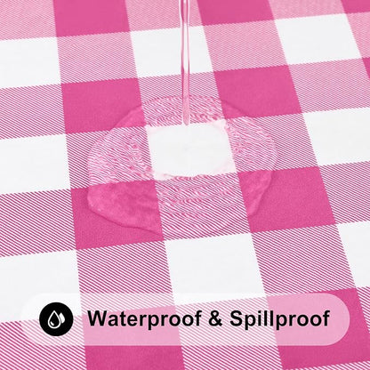 Smiry Rectangle Picnic Table Cloth, Elastic Waterproof Fitted Vinyl Tablecloths, Flannel Backed Buffalo Plaid Table Covers for Dining, Camping, Outdoor (Hot Pink and White, 30" x 96")