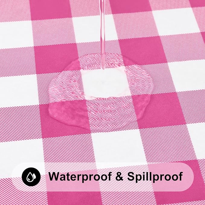 Smiry Rectangle Picnic Table Cloth, Elastic Waterproof Fitted Vinyl Tablecloths, Flannel Backed Buffalo Plaid Table Covers for Dining, Camping, Outdoor (Hot Pink and White, 30" x 60")