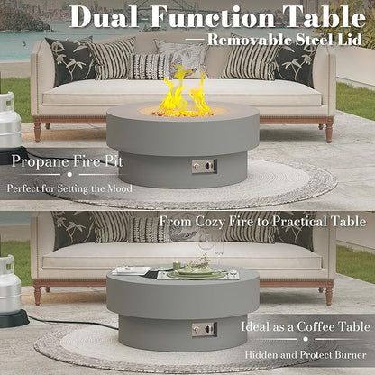 32.5 Inch Propane Fire Pit Table, 50,000 BTU Round Patio Fire Pit Table Outdoor, CSA Certified, Stainless Burner with Steel Lid, Waterproof Cover & Lava Rocks, for Garden Backyard, Gray