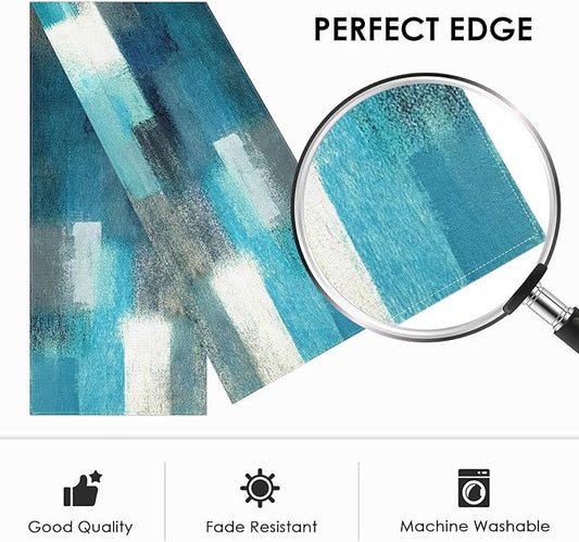 Emvency Farmhouse Table Runner, Modern Teal and Grey Abstract Art Painting for Kitchen Coffee Table Family Dinners Holiday Parties Wedding Events Decor(13x72 inch)