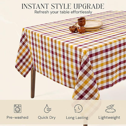 Gingham Check Tablecloth, 60"x84", 100% Cotton, Washable, Reusable Everyday Dining Table Linen Cover for Holidays, Parties, Burgundy Wine - Brown - Mustard Yellow & Natural Plaid