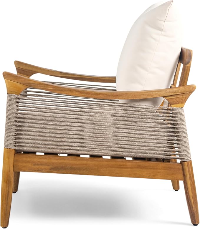 Christopher Knight Home Havets Patio Acacia Wood Club Chair with Woven Rope, Comfortable Outdoor Armchair, Water-Repellent Thick Cushion Deep Seating for Porch, Garden, Backyard, Balcony, Teak+Beige
