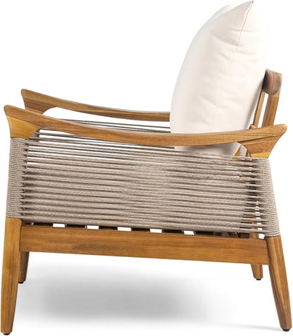 Christopher Knight Home Havets Patio Acacia Wood Club Chair with Woven Rope, Comfortable Outdoor Armchair, Water-Repellent Thick Cushion Deep Seating for Porch, Garden, Backyard, Balcony, Teak+Beige