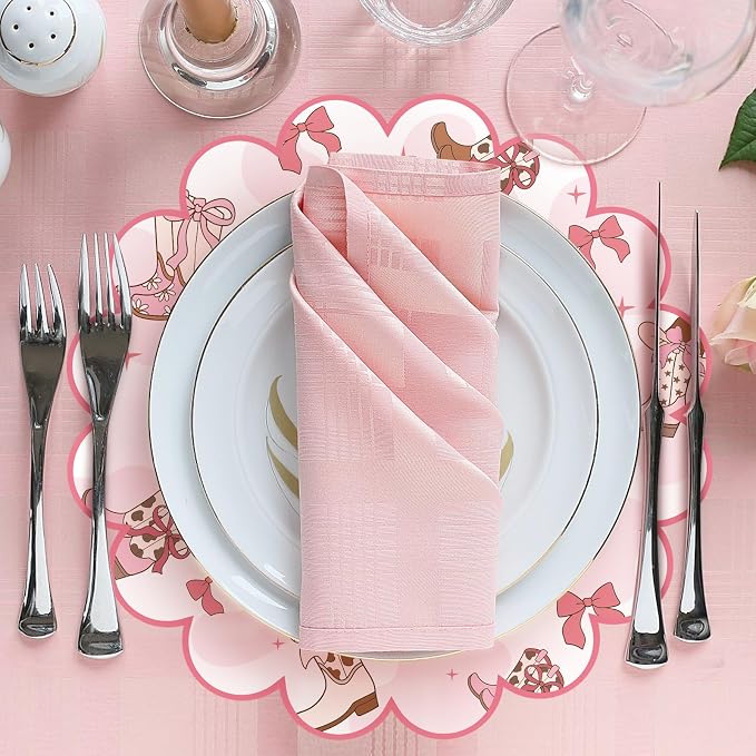 100 Pcs Cowgirl Party Paper Placemats 13.5 Inch Scalloped Pink Bow Paper Placemat Disposable Coquette Decorative Table Mat for Western Themed Birthday Bachelor Baby Shower Wedding Decoration