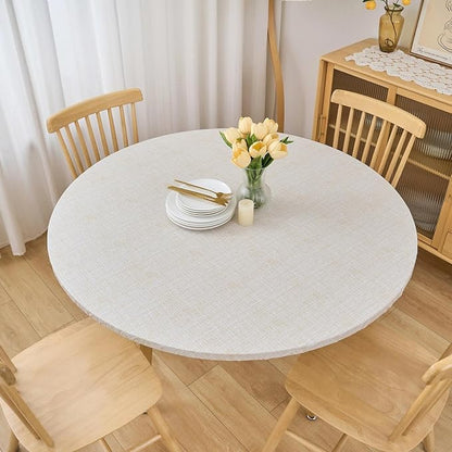 LIBERECOO Round Vinyl Fitted Tablecloth with Flannel Backing Elastic Edge Table Cover Waterproof Stain-Resistant Wipeable Tablecloths Fits 45-56 Inch Round Tables