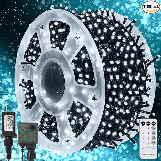 WATERGLIDE 1000 LED Christmas String Lights, 328 FT Green Wire LED Decorative Fairy Lights with Remote & 8 Modes, Waterproof for Outdoor Xmas Holiday Party Garden Wedding Home Decor, Cool White