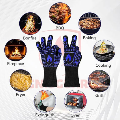 BBQ & Grill Gloves, Oven Gloves, 1472°F Silicone Oven Mitts Heat Resistant Grilling Gloves Fireproof Non-Slip for Barbecue Cooking Baking Smoking, 1-Pair (Blue, Large)