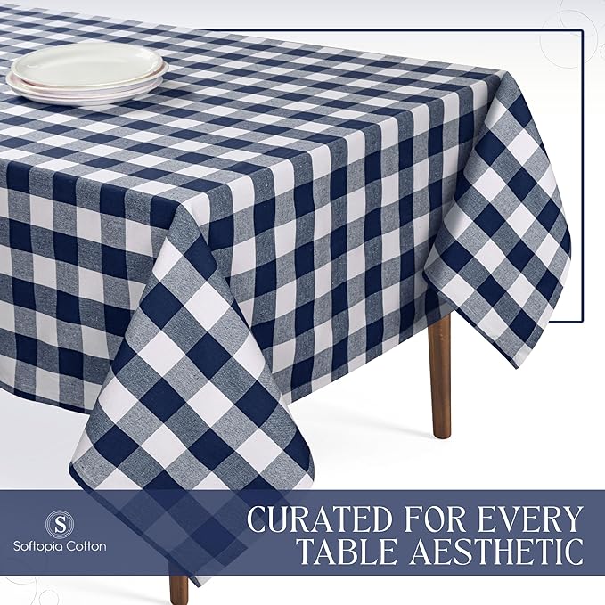 Navy Blue Buffalo Check Tablecloth, 60x102 Inches, Plaid Dining Table Cover, 100% Cotton, Washable, Reusable Farmhouse Table Linen for Holidays, Winter Meals, Wedding, Everyday Dining