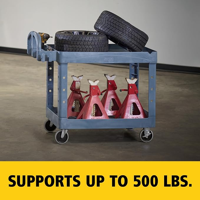 Rubbermaid Commercial Products BRUTE Heavy Duty 2-Shelf Utility/Service Cart, Medium, Lipped Shelves, Ergonomic Handle, 500 lbs. Capacity, Gray, for Warehouse/Garage/Cleaning/Maintenance/Stadiums