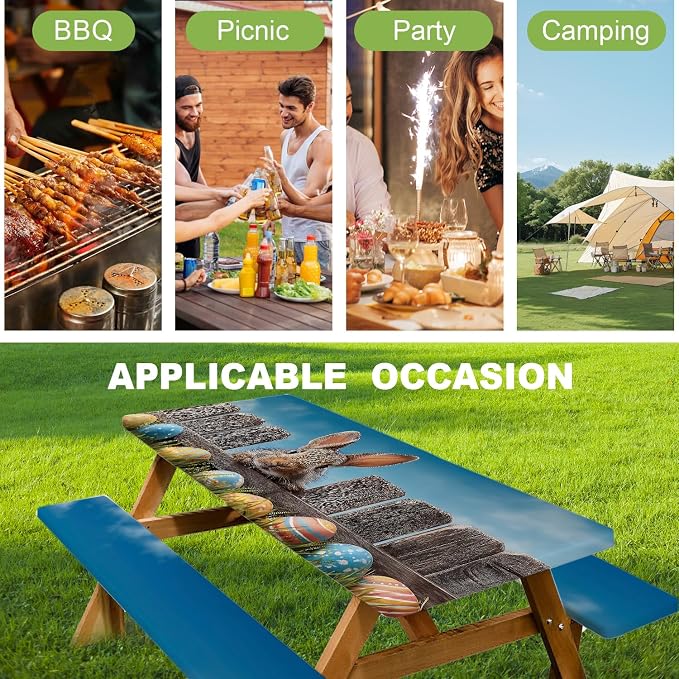 ANNA QUEEN Easter Outdoor Scene 6FT Picnic Table Cover with Bench Covers Set of 3 with Drawstring Bag, Bunny Fence Easter Eggs 72"x30" Waterproof Picnic Tablecloth & Bench Covers