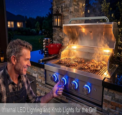 Gas Grill Built-In Head, 28-Inch 4-Burner Propane Grill, Natural Gas Convertible, Heavy Duty 304 Stainless Steel 48,400BTUs Outdoor Kitchen Island Family Cooking