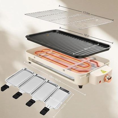 Electric Indoor Grill, 3 in 1 Smokeless Indoor Grills with Non-stick Removable Grill & Griddle Plate, Portable Korean BBQ Grills with 4 Cheese Pans, Adjustable Temperature Control, 1500W (Beige)