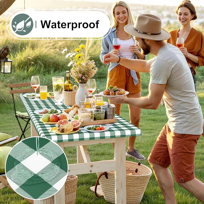 Buffalo Rectangle Picnic Tablecloth, 6 Foot Elastic Fitted Vinyl Table Cloth with Flannel Backing, Waterproof Plaid Table Cover for Dining, Camping, Outdoor (Emerald Green and White, 30" x 72")