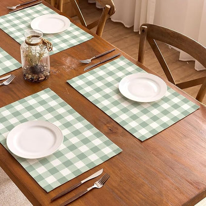 Sage Green Gingham Party Placemats Green and White Checkered Plaid Table Mats for Birthday Bridal Baby Shower Party Dining Table Decorations (12" x 18")