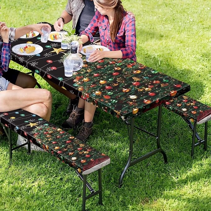 Christmas Tree Elastic Picnic Table Cover with Bench Covers Colored Lights Xmas Decoration Camping Table Cloth for Picnic Table 3 PCS Set Size S/L