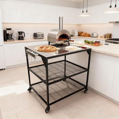 Three-Shelf Movable Stainless Steel & Steel Outdoor Dining Cart Table Pizza Oven Protable Grill and Heavy Duty Grill Cart Outdoor Table