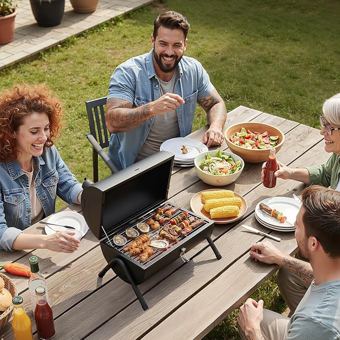 ROVSUN Portable Charcoal Grill with Storage Bag, Small Tabletop Barbecue Grill with Double Sides Grill Surface, Heavy Duty For Outdoor Cooking, Camping, Backyard Using