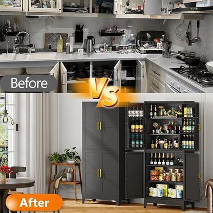 GAIOUS 74.8" Tall Metal Food Cabinet, Black Kitchen Pantry Cabinet, Storage Cabinets with 4 Door and 4 Adjustable Shelves, Steel Freestanding Cupboard for Kitchen Dining Room Living Room Bathroom