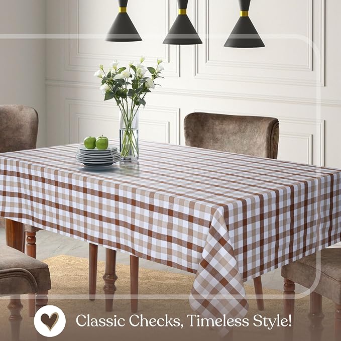 Gingham Check Tablecloth 60"x102", 100% Cotton, Classic Check, Reusable & Machine Washable, Rustic Dining Table Cover for Kitchen, Holidays, Outdoor, Brown & Beige