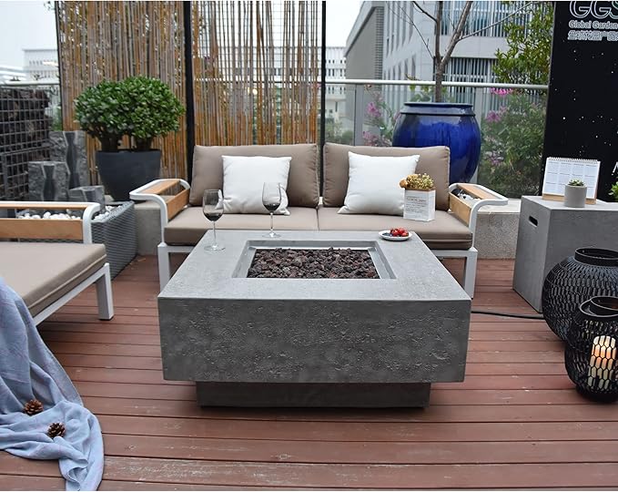 Elementi Manhattan Outdoor Fire Pit Table 36 Inches Square Firepit Concrete Patio Heater Electronic Ignition Backyard Fireplace Cover Lava Rock Included Liquid Propane