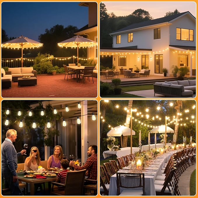 100FT Solar String Lights Outdoor Waterproof with 52 LED Edison Bulbs | Patio Lights with Remote, Timer, Solar Powered Outside Dimmable ST38 Hanging Lights for Porch Backyard Garden Camping Party