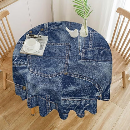Denim Patchwork Print Style Round Tablecloth, Fashionable Denim Pattern Design (Not Denim Fabric) Water Resistant Table Cover for Farmhouse Picnic Party Holiday Kitchen Dinner Table 70"