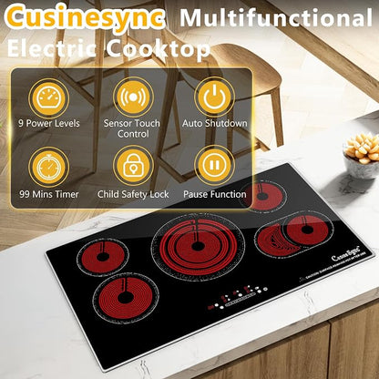 36 Inch Electric Cooktop 5 Burner Radiant Stove Top 9200W | 220-240V hardwired radiant cooktop with expandable zones independent timers overflow protection and flat-bottom cookware use