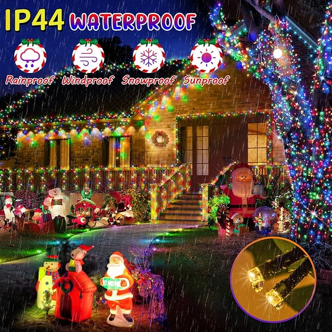 Hezbjiti 403FT 1000LED Color Changing Christmas Lights Outdoor, 11 Modes String Lights IP44 Waterproof Fairy Lights for Party Wedding Tree Decorations (Warm White and Multicolor, Green Wire)