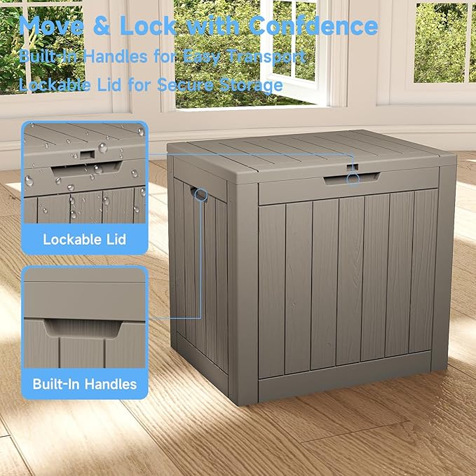 Pepe Tee Waterproof Resin Deck Box, Outdoor Storage Bin with Slatted Texture, All-Weather Patio Side Table & Garden Organizer, Coffee