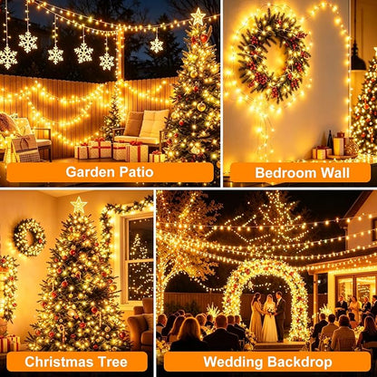 Outdoor String Lights 197ft 1000 LED Warm White Silver Copper Wire Fairy Lights with Remote Listed Plug-in Christmas Lights 8 Modes Low Voltage Twinkle Lights for Garden Patio Yard Tree Wedding Party