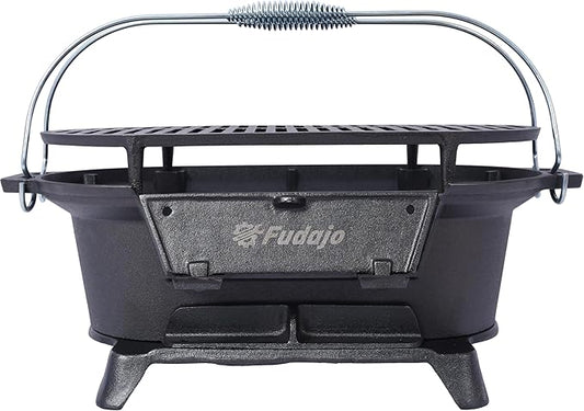 Oval Cast Iron Charcoal Grill, Portable Hibachi Grill with Skillet, 100% Cast Iron, Durable Outdoor Camping Stove, Black (Black-19.6×10.6)