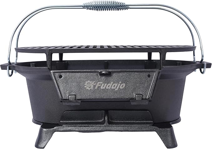 Portable Cast Iron Charcoal Grill and Tabletop Griddle, Oval Enameled Cast Iron Hibachi Grill for Outdoor Camping, Picnic, Tailgating, Small Charcoal Cooking Stove