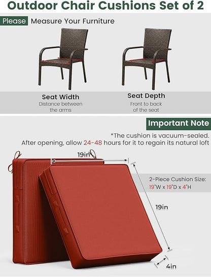 Outdoor Chair Cushion 19 x 19 x 4 Inches Patio Furniture Outdoor Waterproof Seat Cushion, Patio Chair Cushion with Handles and Ties, Square Dining Chair Cushion Set of 2, Terra Red