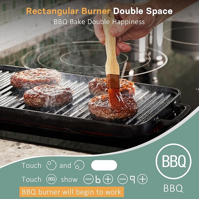 36 Inch Electric Cooktop 5 Burner, Built-in Electric Stovetop with Flexible Bridge & Triple Ring Burner, 9600W Cooktop Electrics with BBQ Burner, Timer, Safety Lock,Pause, 220V-240V Hard Wire